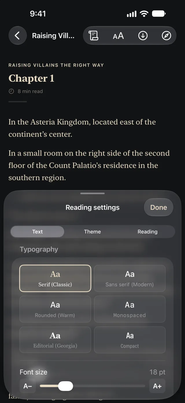Reading settings with six typefaces and the font size