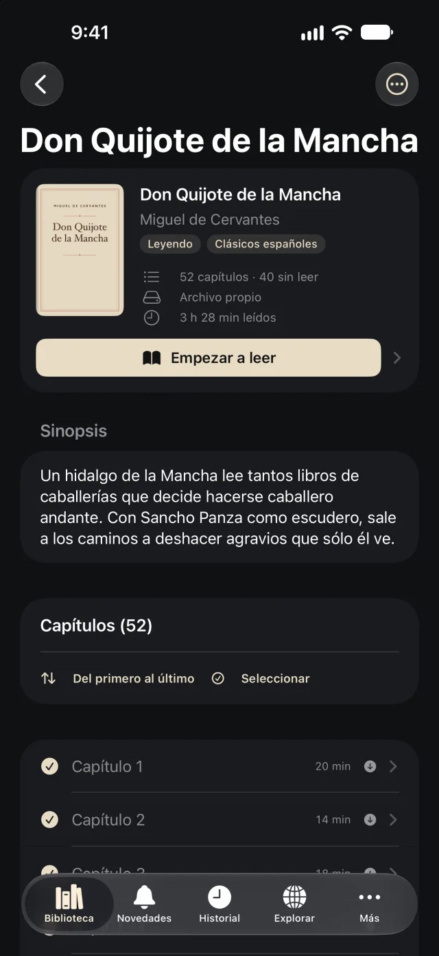 Ficha de Don Quijote de la Mancha: sinopsis, 52 capítulos con 40 sin leer y el tiempo de lectura