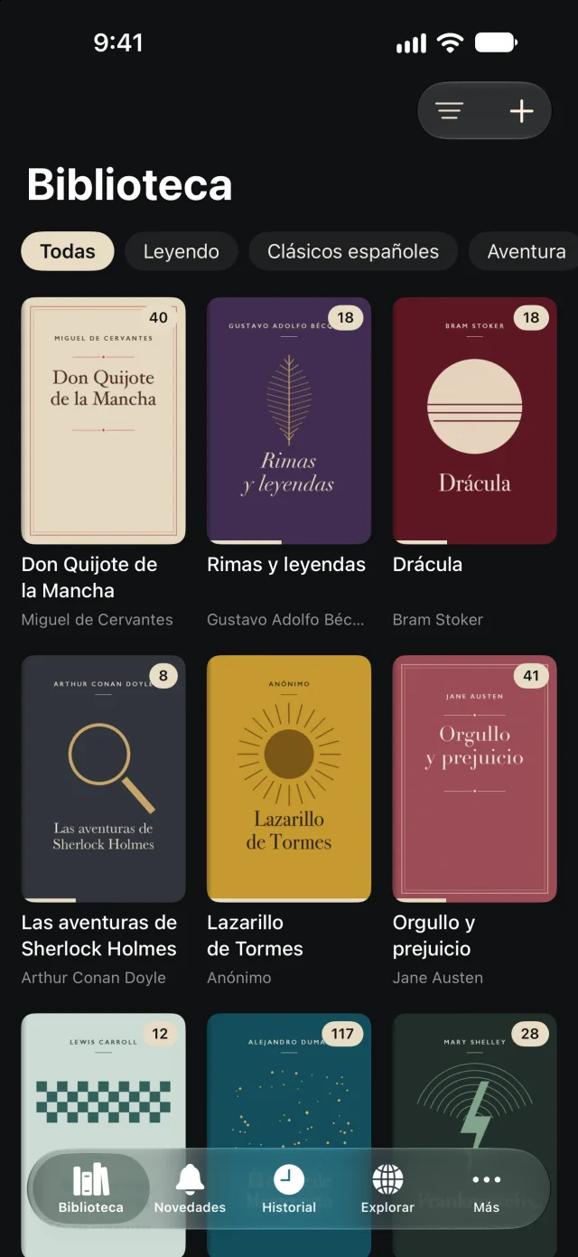Biblioteca de Unscrawled con portadas de novelas clásicas